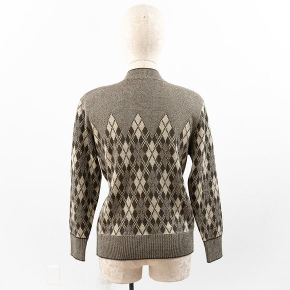 Vintage 80s M Argyle Plaid Print Sweater Brown - Picture 6 of 10